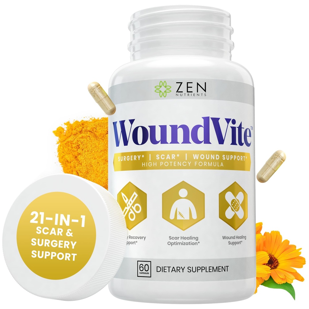 Zen Nutrients WoundVite Pre & Post Kirurgi Support, Scar & Wund Care, Scar Treatment, Plastic & General Kirurgi, Heal Hurtigere & aids i inddrivelse tid w / Bromelain, Gurkemeje & Arnica - 60 Vegan Caps