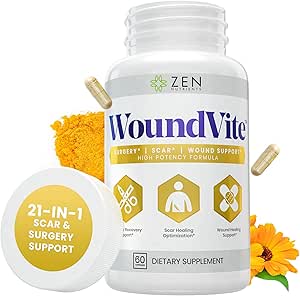 Zen Nutrients WoundVite Pre & Post Kirurgi Support, Scar & Wund Care, Scar Treatment, Plastic & General Kirurgi, Heal Hurtigere & aids i inddrivelse tid w / Bromelain, Gurkemeje & Arnica - 60 Vegan Caps