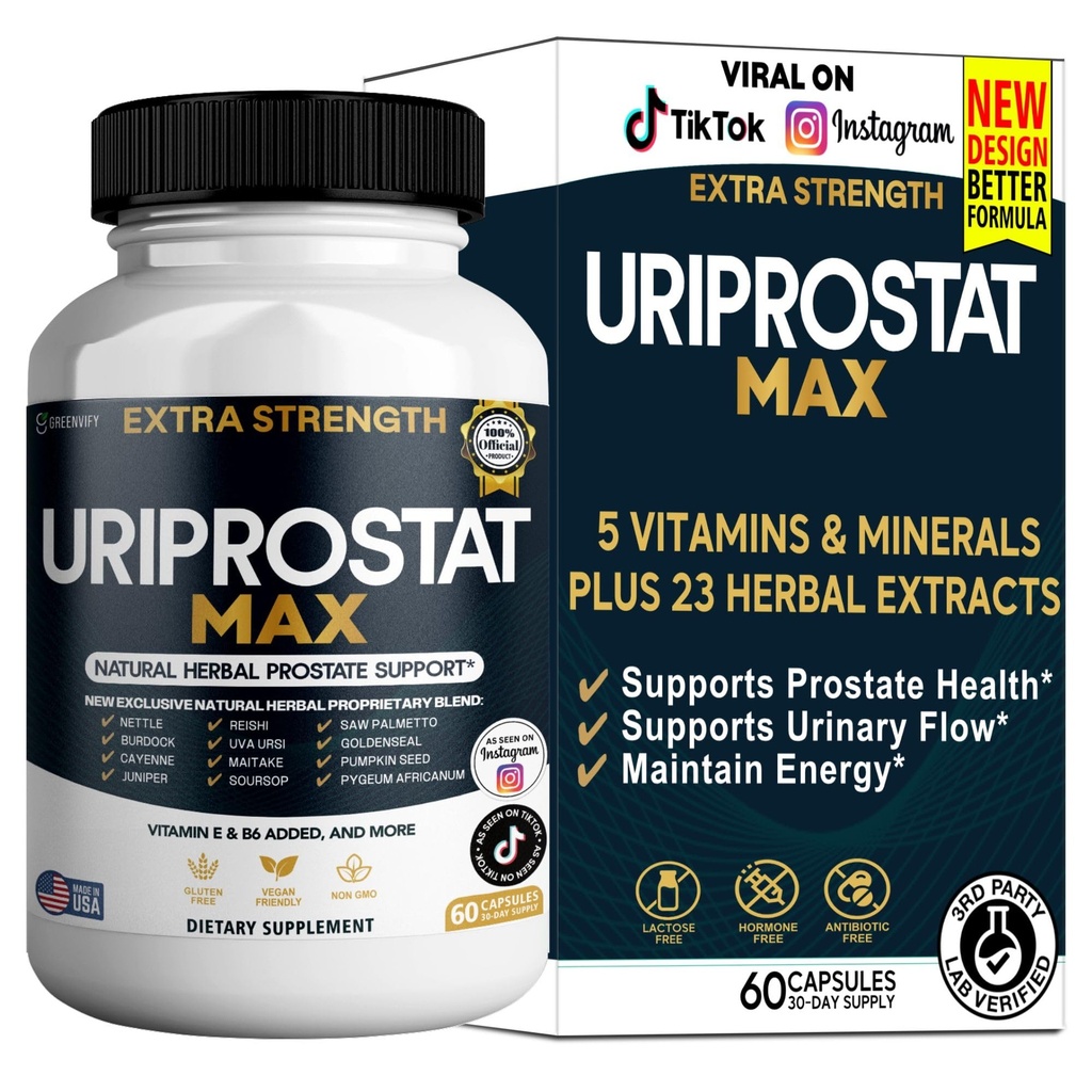 Uriprostat Max Extra Support, 60 Capsules, Natural Herbal Complex with Saw Palmetto, Vitamins E & B6, 30 Day Supply (1)