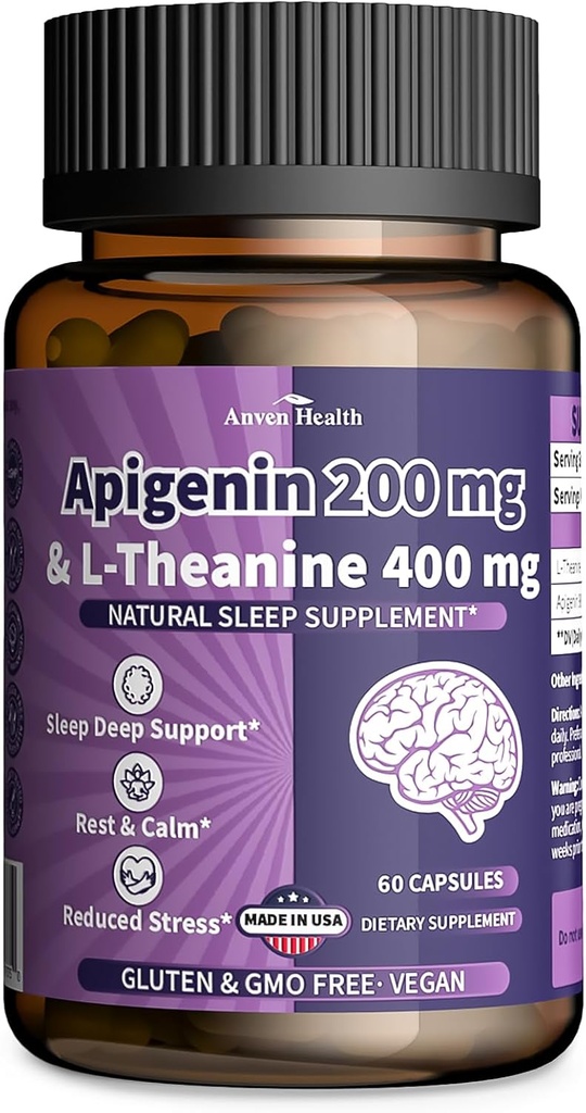 400mg L- Theanin med 200mg Apigenin Supplement for Sleep- Natural Relaxation & Stress Relief - Gluten Free, Non- GMO, Zero Fillers - Made in USA