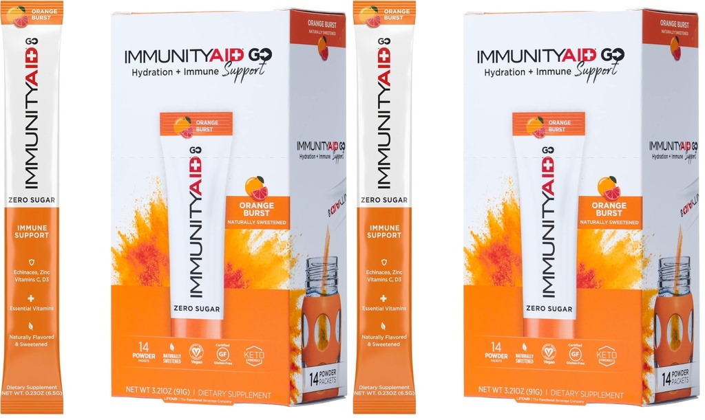 LIFEAID IMMUNITYAID GO! Zero Sugar Immunity + Hydration Packet, Vitamin C, Echinacea, Zinc, Astragalus Root, Keto-Friendly, Vegan & Gluten-Free, 5 Calories, Naturally Sweetened, No (Pack of 2)