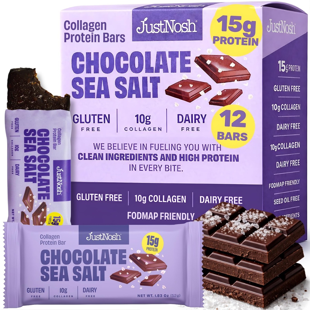 JUSTNOSH Chocolate Sea Salt Collagen Protein Bars – 15g Protein, 10g Collagen | Gluten & Dairy Free, Low FODMAP, Seed Oil Free (12 Pack)
