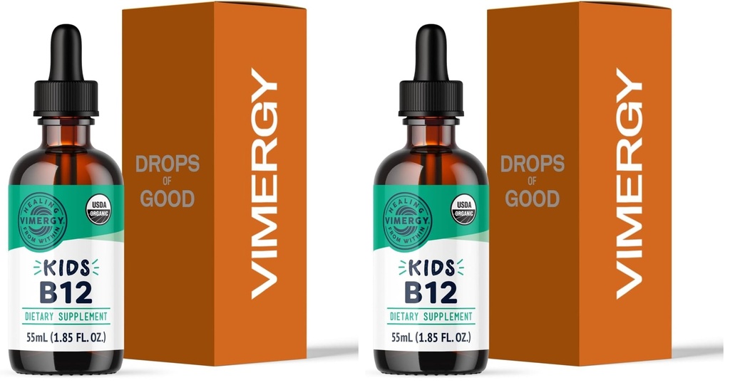 Vimergy Kids USDA Organic Liquid B12 – Promotes Physical Development & Cognitive Function* – Fast-Absorbing Immune Support* – Vegan, Non-GMO – 55 mL (Pack of 2)
