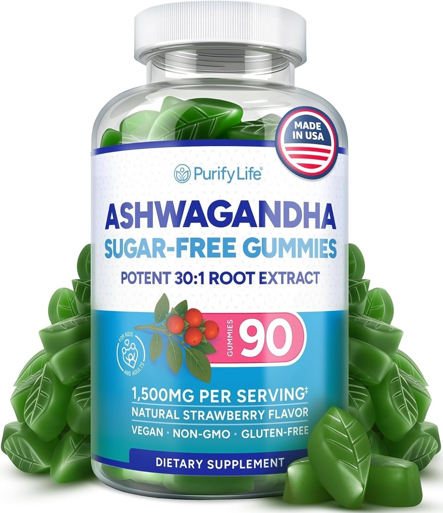 Sugar-Free Ashwagandha Gummies for Stress, Sleep & Mood Support - High-Potency 30:1 Ashwagandha Supplement Extract - Vegan Adaptogen Supplement for Women & Men, Natural Flavor, Plant-Based, 90 Gummy