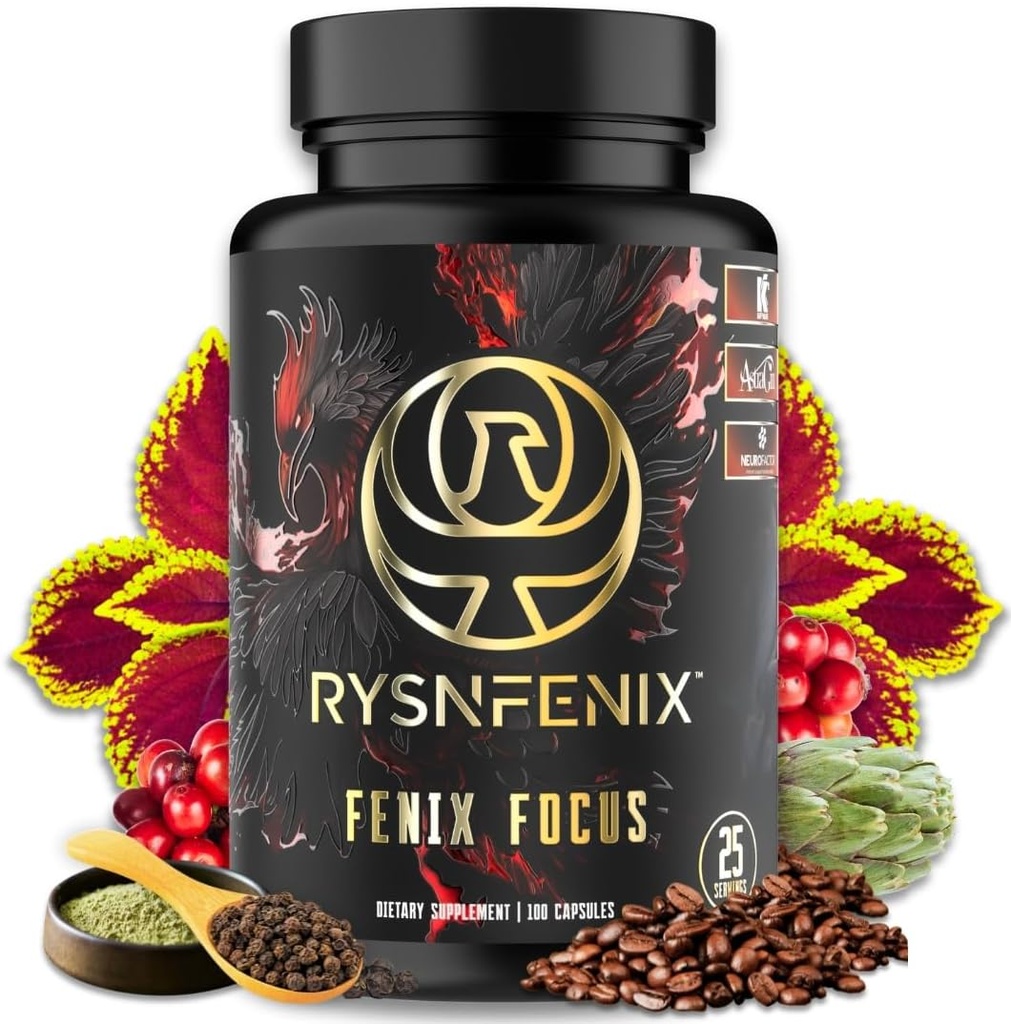 Fenix Focus - Premium Nootrop Formel med koffein (hurtig & langsom), L- Theanine, B12, Tyrosin, Cholin, Artichoke - 100 kapsler