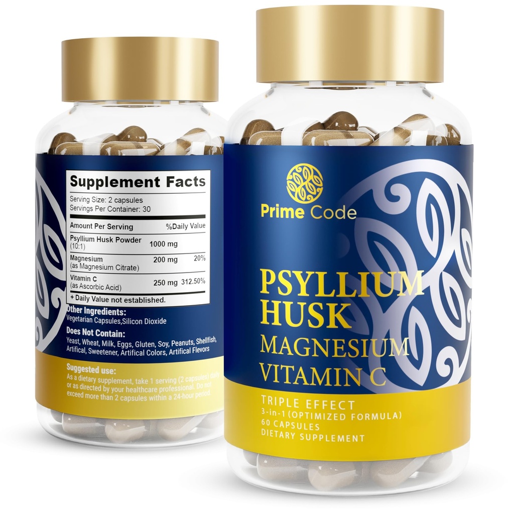 Prime Code [3) Psyllium Husk Kapsler med Magnesium Citrat og C-vitamin 124; Psyllium Husk Kapsler 1000mg