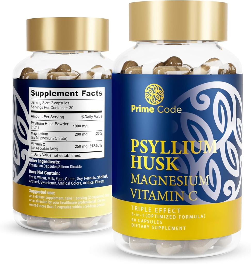 Prime Code [3) Psyllium Husk Kapsler med Magnesium Citrat og C-vitamin 124; Psyllium Husk Kapsler 1000mg