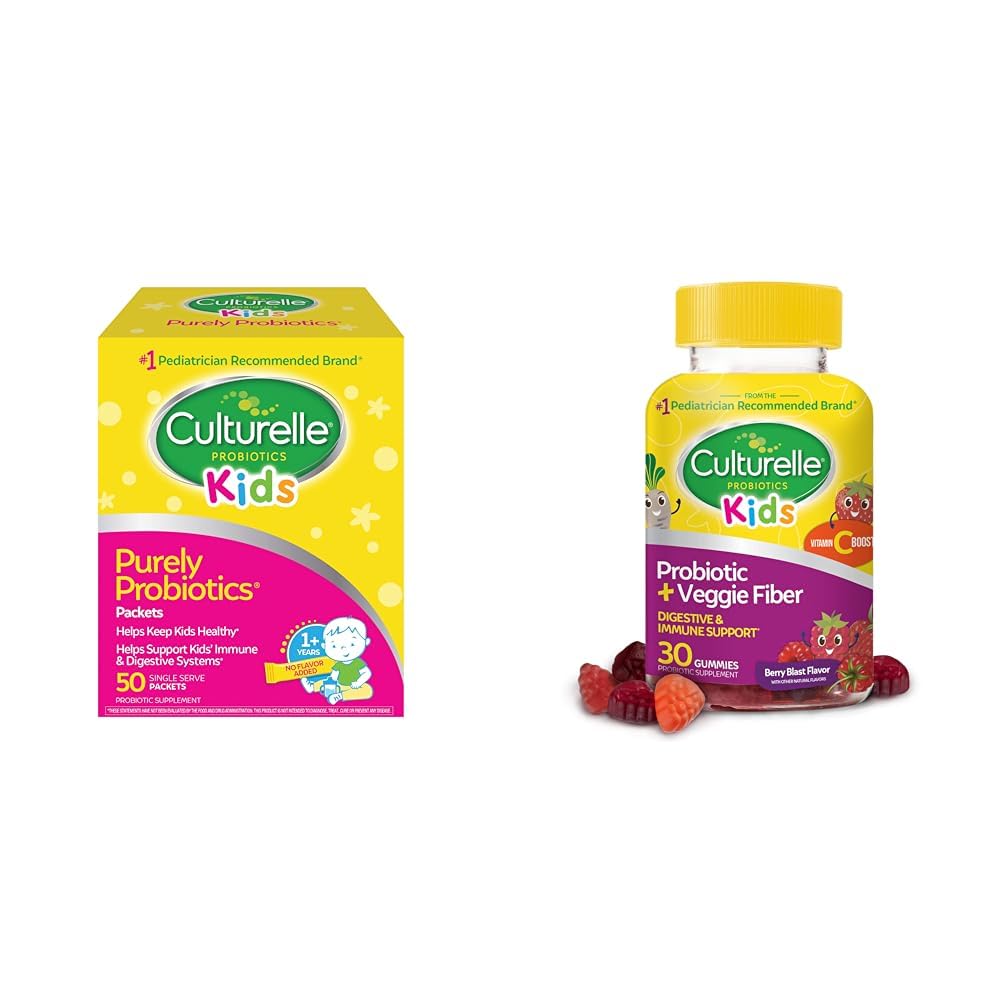 Culturelle Kids Probiotics for Digestive & Immune Health, 50 Packets + 30 Count Veggie Fiber Gummies, Ages 1+