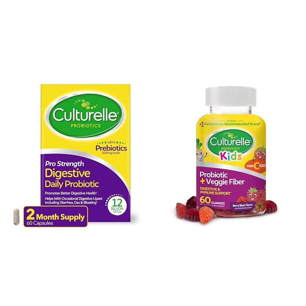 Culturelle Pro Strength Daily Probiotic Digestive Health Capsules 60 Count Kids Daily Probiotic + Veggie Fiber Gummies 60 Count