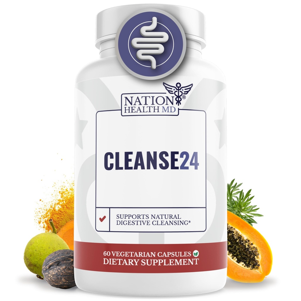 Cleanse24 - Intestinal Rengøring for mennesker med ormwood, Papaya, Black Walnut - Herbal Intestinal Rengøring, Gut Rengøring for mænd og kvinder, 60 Kapsler