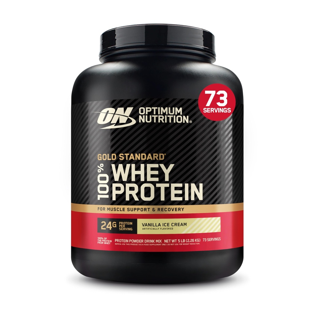 Optimum Nutrition Gold Standard 100% Whey Protein Powder, Vanilla Ice Cream, 5 Pund (Packaging May Vary)