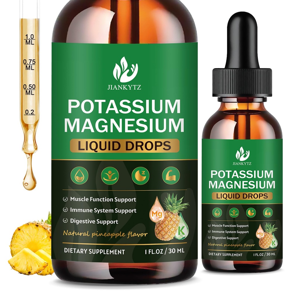(2 Pack) Kalium Magnesiumsupplement til immunforsvar og muskelstøtte, høj absorption, tredobbelt magnesiumkompleks med glycinat, taurat, citrat og kalium, ananas, 1 Fl Oz
