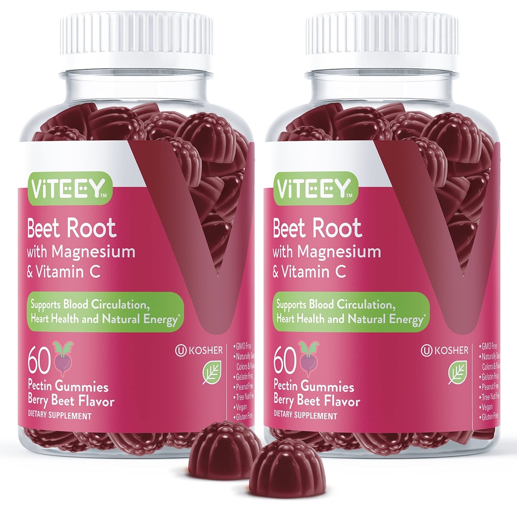 Viteey Beet Root Gummies med Magnesium & C-vitamin - Beetroot supplement til hjertets sundhed, blodtrykssupport - Vegan, Gluten- Free - 120 Greve