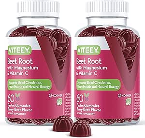 Viteey Beet Root Gummies with Magnesium & Vitamin C - Beetroot Supplement for Heart Health, Blood Pressure Support - Vegan, Gluten-Free - 120 Count