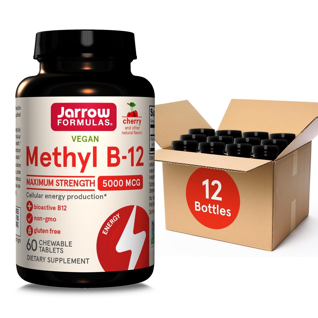 Jarrow Formulas Maximum Strength Methyl B- 12 5000 mcg, Kosttilskud til Cellular Energy Production and Brain Health Support, 60 Cherry- Flavored Chewable Tablets, 60 Day Supply, Pack of 12