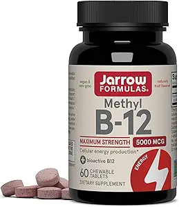 Jarrow Formulas Maximum Strength Methyl B- 12 5000 mcg, Kosttilskud til Cellular Energy Production and Brain Health Support, 60 Cherry- Flavored Chewable Tablets, 60 Day Supply, Pack of 12