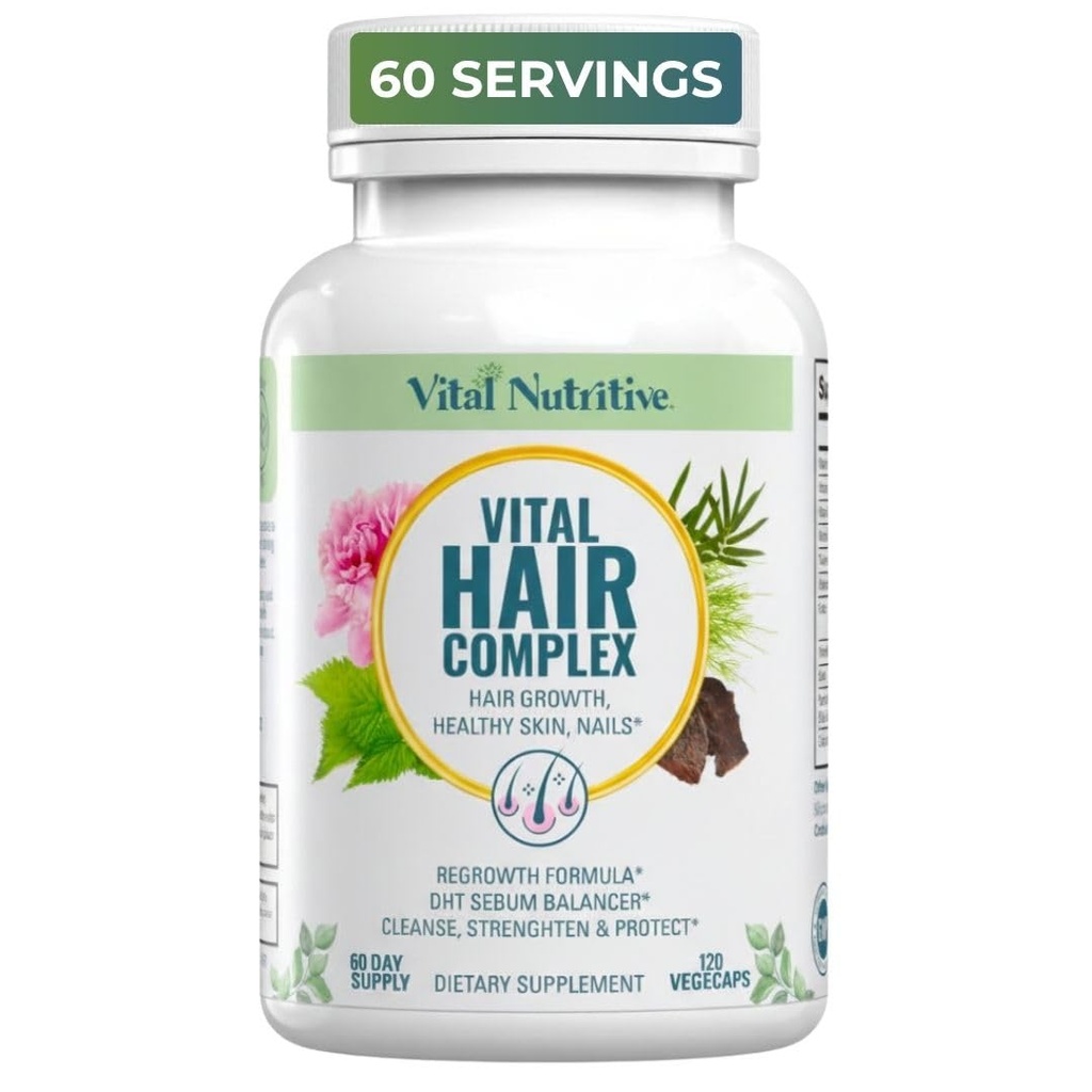 VITAL NUTRITIVE Vital Hair Complex – Biotin & Vitamin B Hair Vitamins for Women & Men – Hair Supplement Supports Healthy Hair, Skin & Nails – Hormone-Free, Gluten-Free – 120 Capsules -60 Days Supply