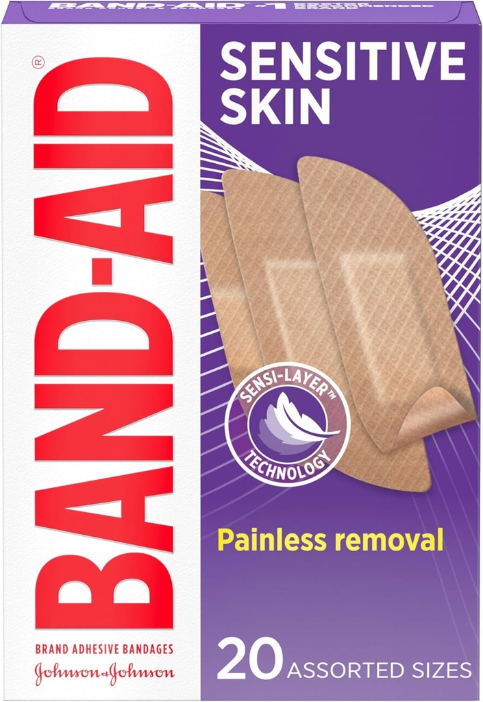 Band- Aid Brand Adhesive Bandages for Følsomme Hud, Hypoallergene Førstehjælp Bandages med Painless Removal, Stays on When Wet & Egnet til Eczema Prone Skin, Steril, Assorted, 20 ct