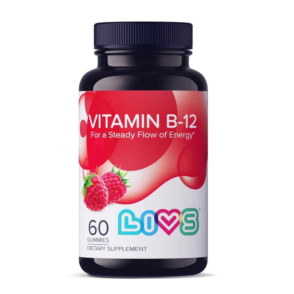 LIVS Vitamin B12 Gummies for Adults & Kids | Vegan Methylcobalamin B12 Supplement | Energy, Metabolism & Nerve Support | Raspberry Flavor | Non-GMO, Gluten-Free, Pectin-Based | 60 Count