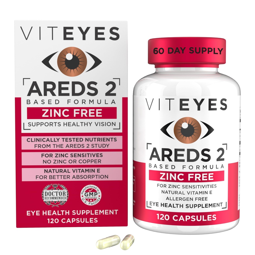 Vitøjne AREDS 2 Zinkfri Macular Support, Natural Allergen Gratis Kapsler med E-vitamin, C-vitamin, Lutein & Zeaxanthin, Ingen zink, Ingen kobber, Eye Doctor Trusted, Fremstillet i USA, 120 Ct