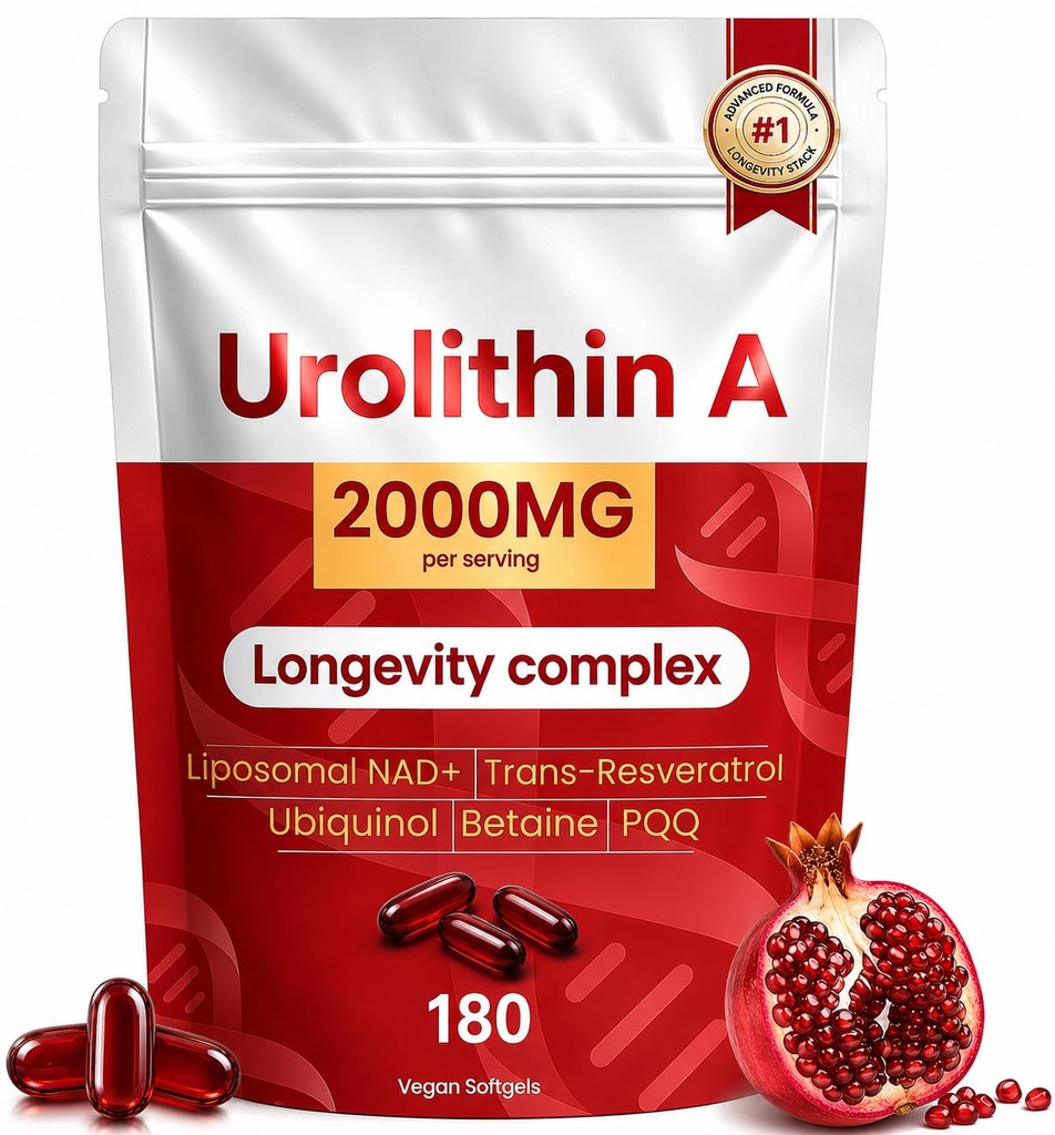 Urolithin A Supplement 1200mg with NAD+, 180 Softgels | 6-in-1 longevity formula with Resveratrol, CoQ10, TMG & PQQ for mitochondrial support and healthy aging