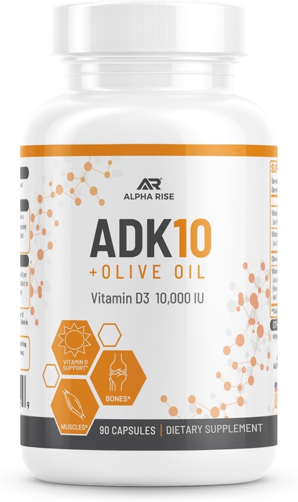 ADK 10 Vitamin supplement + Olive Oil for Better Absorption - med vitaminer A + D3 (10.000 iu) + K2 (MK7 + MK4) - 90 kapsler - Vegetarisk - Non- GMO