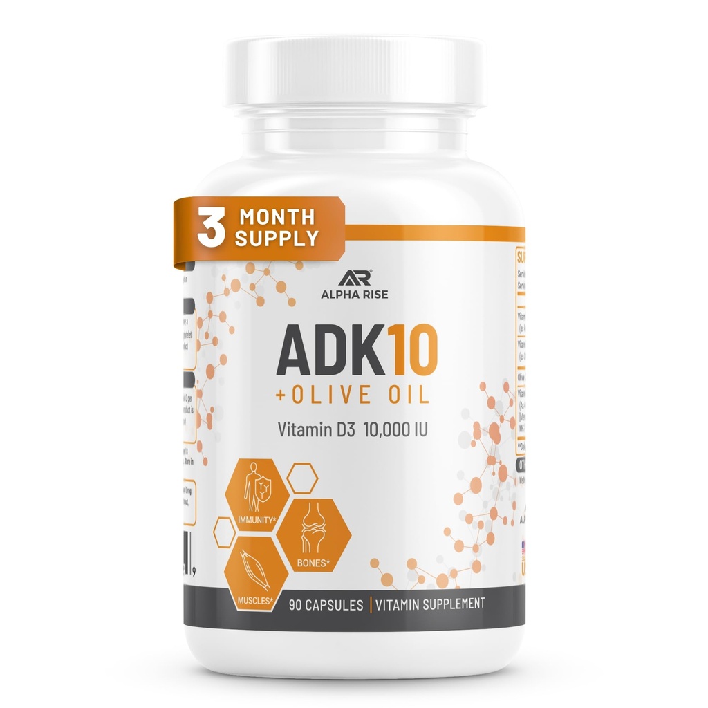 ADK 10 Vitamin supplement + Olive Oil for Better Absorption - med vitaminer A + D3 (10.000 iu) + K2 (MK7 + MK4) - 90 kapsler - Vegetarisk - Non- GMO