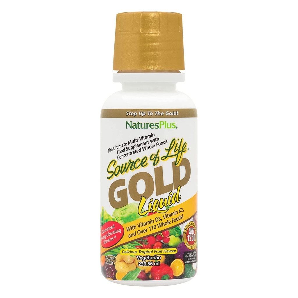 Natures Plus Kilde of Life Gold Multivitamin Liquid - 8 oz - med Vitaminer D3, B12 & K2 - Blod, ben og immunforsvar - Vegetar & Gluten Free - 8 Servere