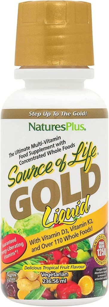 Natures Plus Kilde of Life Gold Multivitamin Liquid - 8 oz - med Vitaminer D3, B12 & K2 - Blod, ben og immunforsvar - Vegetar & Gluten Free - 8 Servere