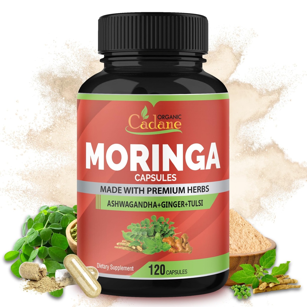 Organic Cadane Moringa Powder Capsules, 4in1 with Ashwagandha, Ginger, Holy Basil Tulsi - Immune Support - Oleifera Leaf Powder Herb Supplements, 120 Capsules