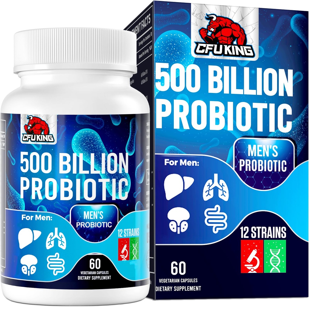 Probiotika til mænd, 500 milliarder CFU & 12 Herre Probiotika til fordøjelsessygdomme + 4 Organic Prebiotic Fiber, til fordøjelsessygdomme, Gut, immunforsvar, bloating, gas, energistøtte, holdbarhed- 60 kapsler
