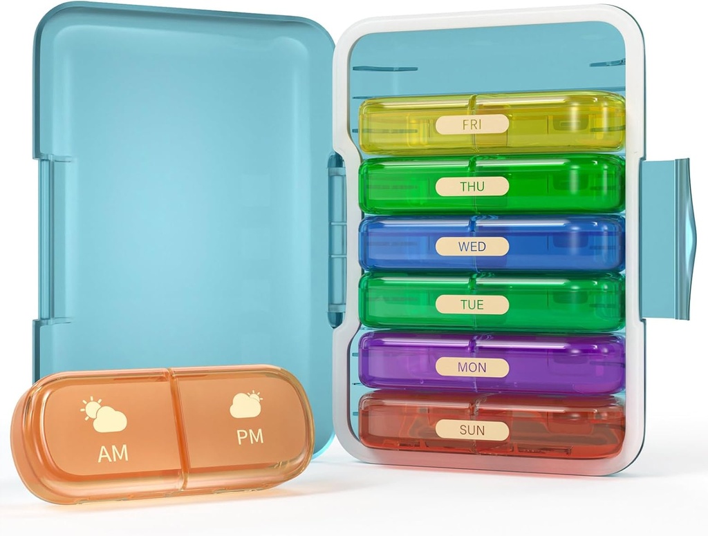 Ugentlig Pill Organizer 2 gange om dagen, 7 dag Pill Box 2 gange, Portable for Travel Pill Case for Pills / Vitamin / Fish Oil / Medicin / Kosttilskud (2x7 Blue + Rainbow)