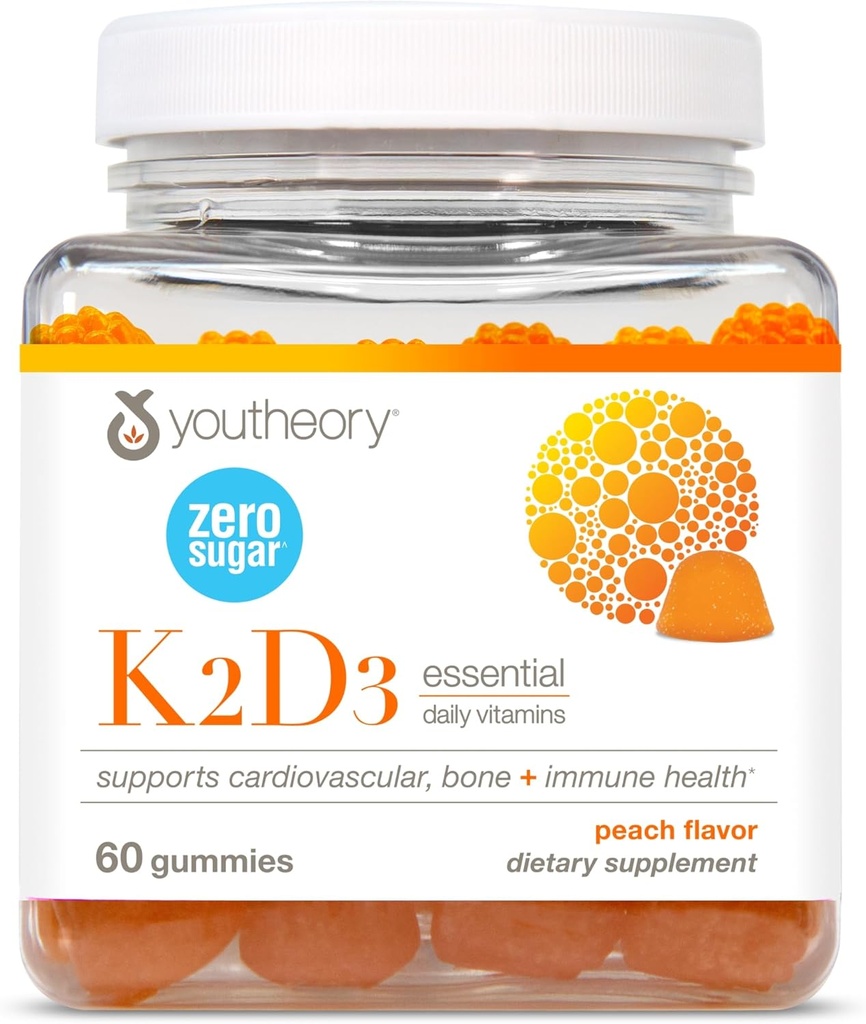 Youtory K2D3 - Bone & Heart Health Support * - Kombinerer vitamin D3 & Vitamin K2 - Dairy, Soy & Gluten Free - Peach, 60 Vegetar Gummies