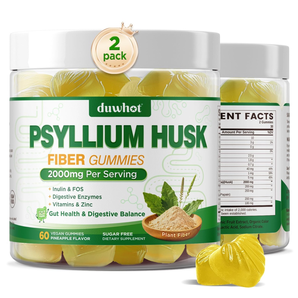 Psyllium Husk Gummies for Adults, 2000mg Psyllium Husk Fiber Supplement with Acacia Fiber, Inulin & FOS, Digestive Enzymes for Gut Health & Regularity, Vegan, Organic, Sugar Free, Pineapple, 120 Chews