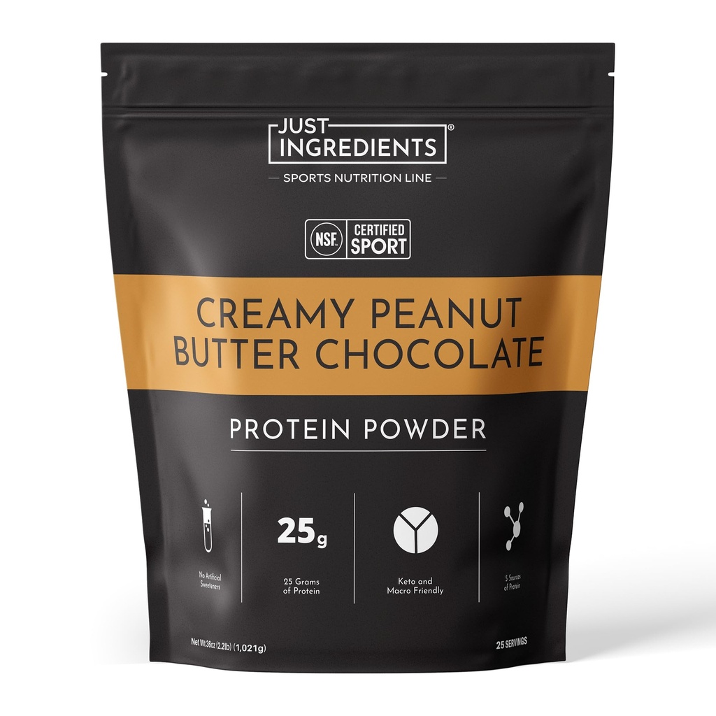 JUST INGREDIENTS Creamy Peanut Butter Chocolate Protein Powder - NSF Certified - 25 Servings