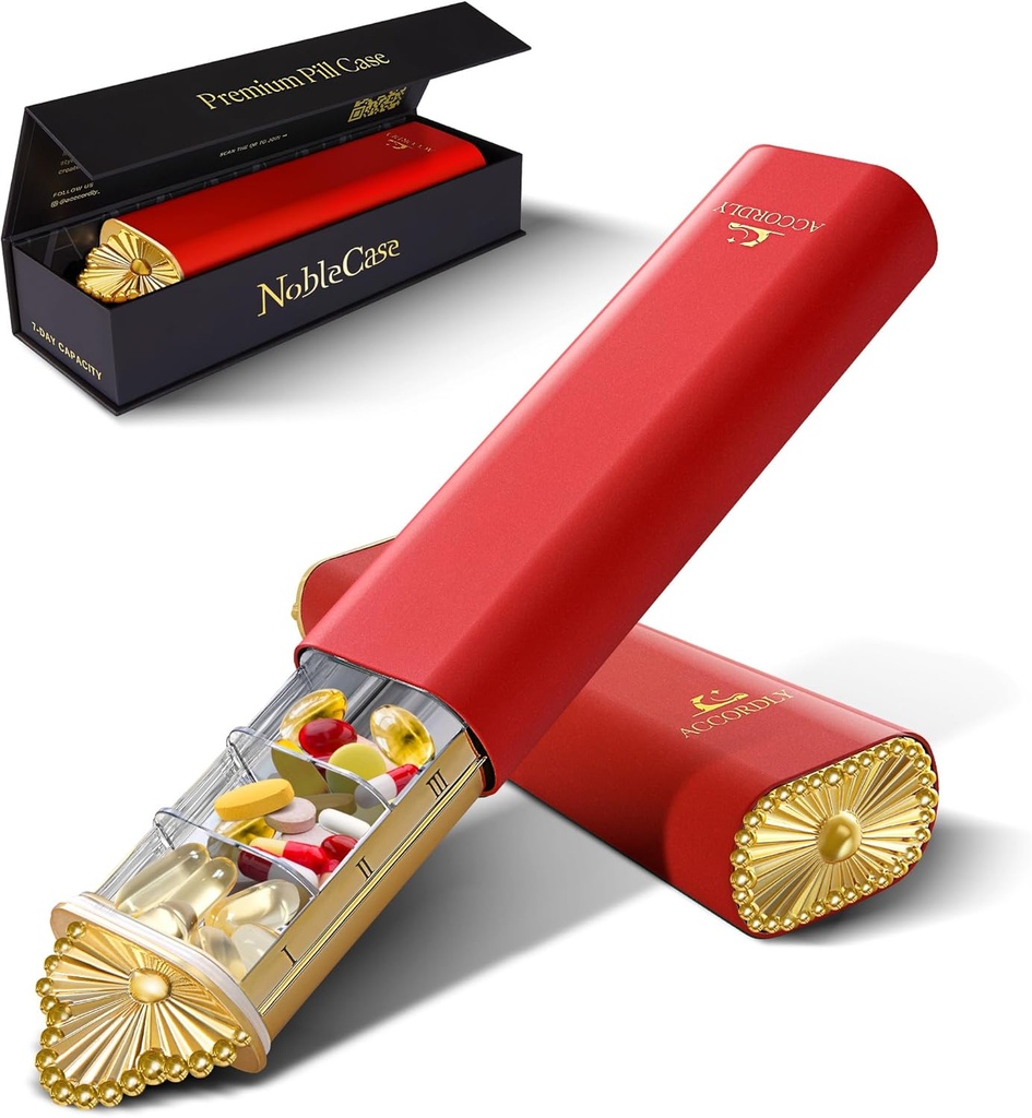 Premium Weekly Pill Organizer, 7-dages Compact Pill Case til purse, Letvægts Guld Aluminium Pill Box til vitaminer, Medicin, Kosttilskud, Luksus Wellness Gave