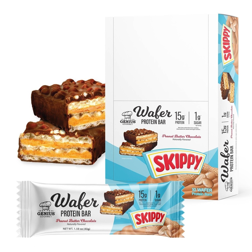 Genius Gourmet SKIPPY® Peanut Butter Chocolate Flavored Wafer Protein Bars | 10 Count, 15g Protein per serving (30% DV), 1g Sugar, Chocolatey Snack Bar