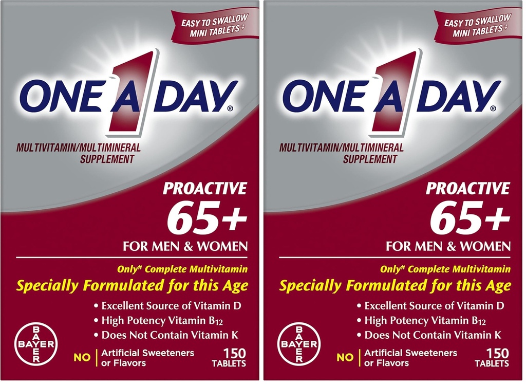 EN EN DAY Proaktiv 65 +, Herre & Kvinder Multivitamin, tillæg med vitamin A, C-vitamin, D-vitamin og zink til immunforsvar Support *, Calcium, folinsyre & mere, Tablet 150 Tæl (pakke med 2)
