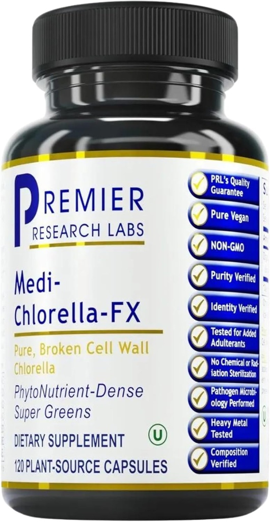 Premier Research Labs Medi Chlorella- FX - Chlorella kapsler, Chlorophyll kapsler, Organiske piller til kvinder & mænd, Chlorophyll tillæg - 120 Vegetariske kapsler
