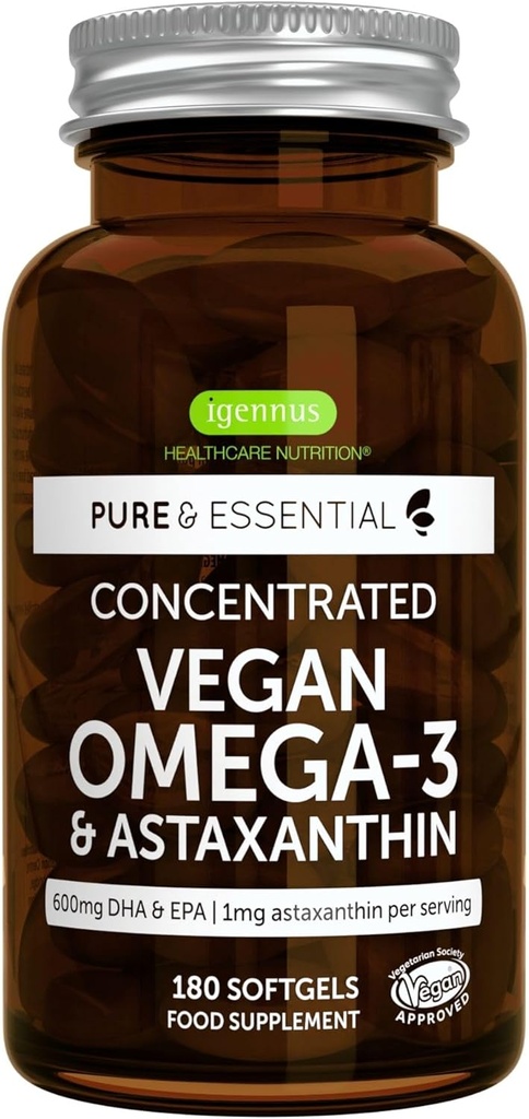 Igennus Vegan Omega-3 Natural Triglyceride Algae Oil, DHA & EPA Fedtsyretilskud, 180 små bløddele med Astaxanthin, Easy- to- Swallow, Pure & Sustainable, 90 Serveringer