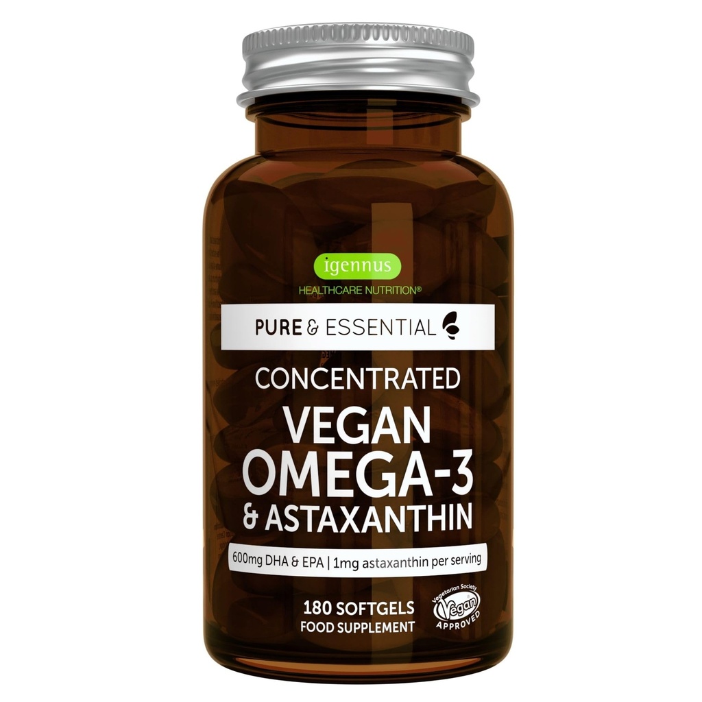 Igennus Vegan Omega-3 Natural Triglyceride Algae Oil, DHA & EPA Fedtsyretilskud, 180 små bløddele med Astaxanthin, Easy- to- Swallow, Pure & Sustainable, 90 Serveringer