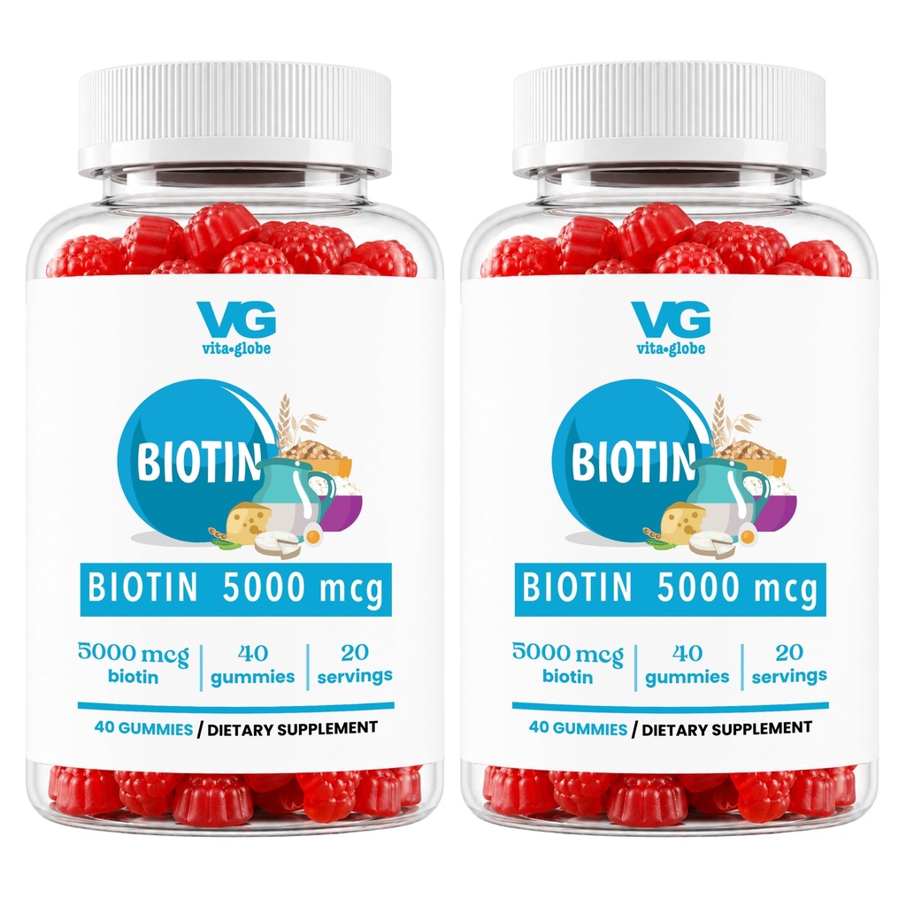 VITA GLOBE Biotin 5000 mcg Gummy Vitamins, Vegan Non-GMO Mixed Berry Chewables for Healthy Hair Growth, Glowing Skin & Strong Nails, Beauty Support Supplement, 40 Count (2 Pack)