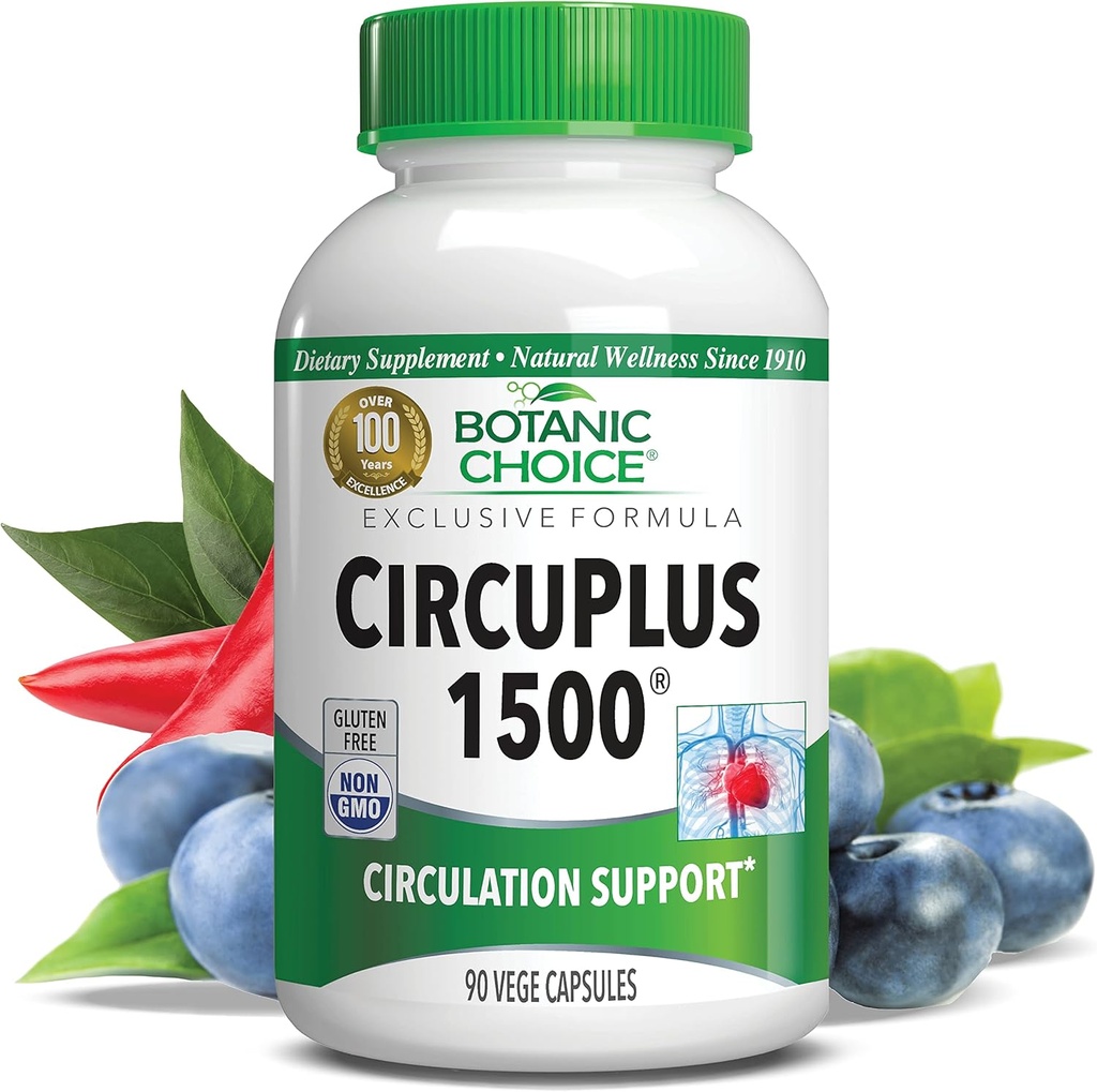Botanic Choice CircuPlus 1500 - Heart Health & Circulation og Vein Support - Vitamin B1, Cayenne Pepper, Hawthorn, Ginkgo Biloba for voksne mænd og kvinder (90 kapsler)