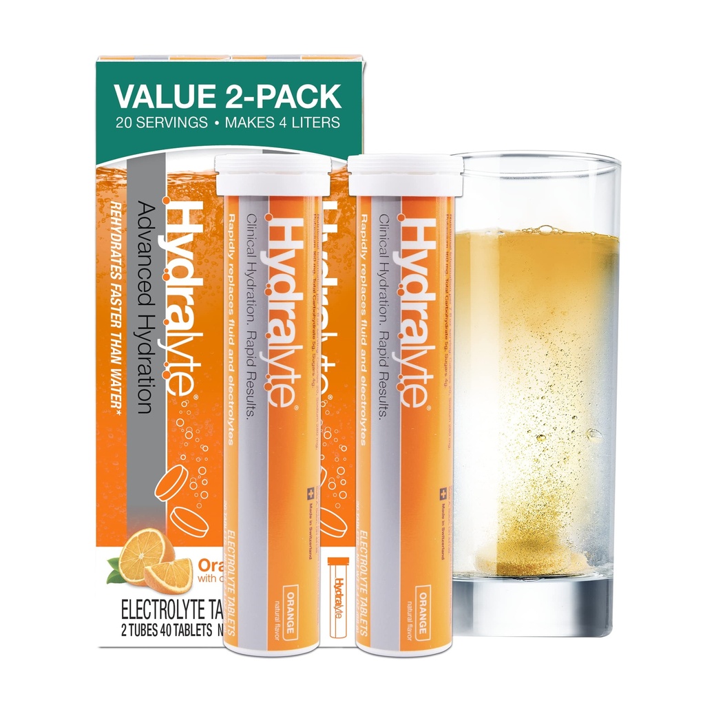 Hydralyte Electrolyte Tablets against 124; 40 Orange Electrolytes against 124; Flyvemaskine rejser afgørende for hurtig rehydrering
