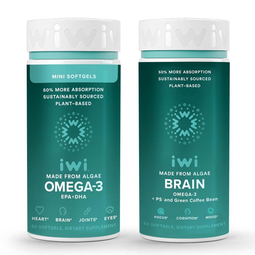 Iwi Omega-3 Minis & Brain Omega-3 Bundle, 30 Servering, Vegan Plant- baseret Alger Omega 3 med EPA + DHA, Krill & Fish Oil Alternative, Ingen Fishy Eftersmag