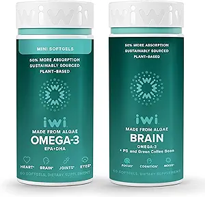 Iwi Omega-3 Minis & Brain Omega-3 Bundle, 30 Servering, Vegan Plant- baseret Alger Omega 3 med EPA + DHA, Krill & Fish Oil Alternative, Ingen Fishy Eftersmag