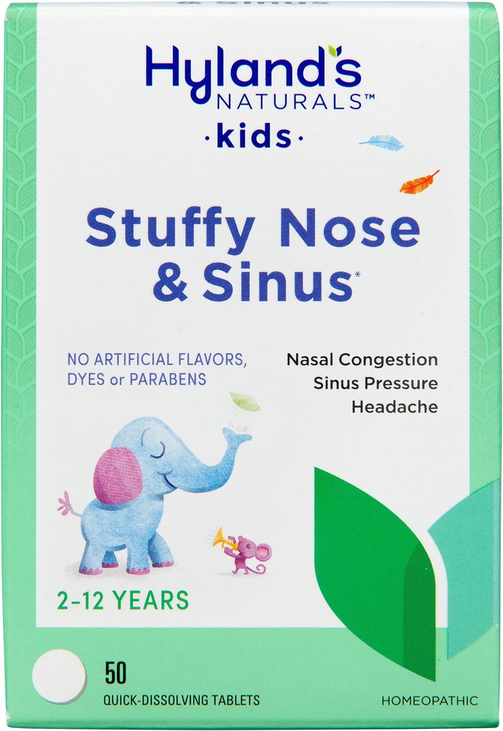 Hyland 's Kids Stuffy Næse og Sinus Tablets, Cold Medicine for Children Age 2 og op, Hovedpine Relief og Nasal Decongestant, Quick Opløsning Tablets, 50 Greve