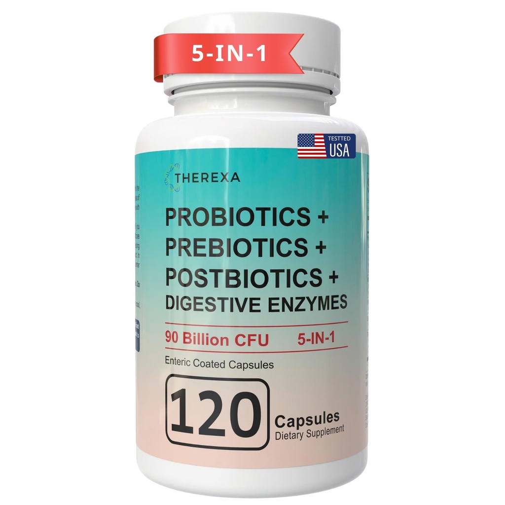 Probiotic Prebiotic Postbiotic Supplement - 90 Billion CFU, 5-in-1 Synbiotic with Digestive Enzymes for Women Men, Organic Prebiotic Fiber, Enteric Coated Capsules, 120 Day Supply