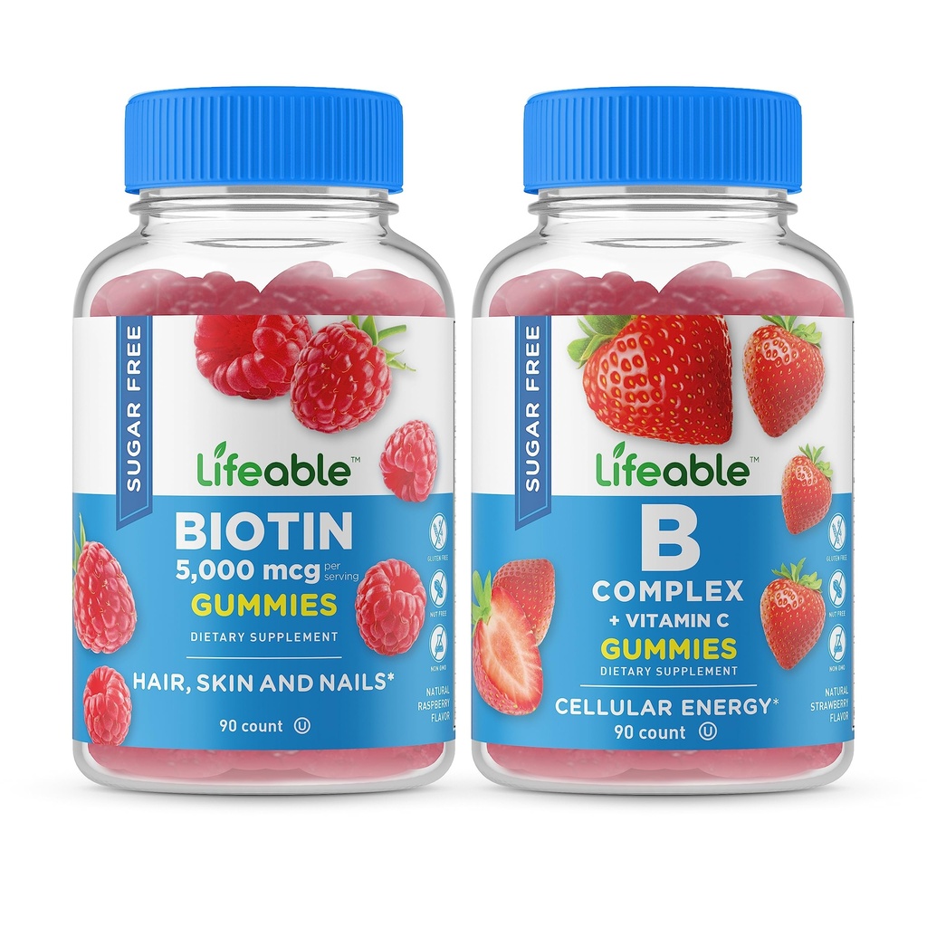 Lifeable Sugar Free Biotin + B Complex, Gummies Bundle - Great Tasting, Vitamin Supplement, Gluten Free, GMO Free, Chewable Gummy