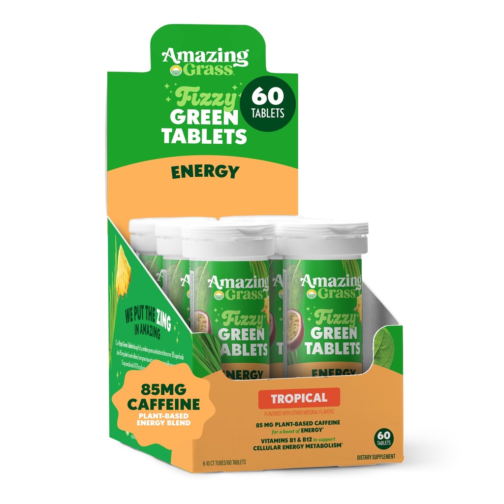 Amazing Grass Fizzy Green Tablets Energy Tropical: Grønne + grøn te Koffein, Vand smagsgivende tabletter med antioxidanter, 60 Greve